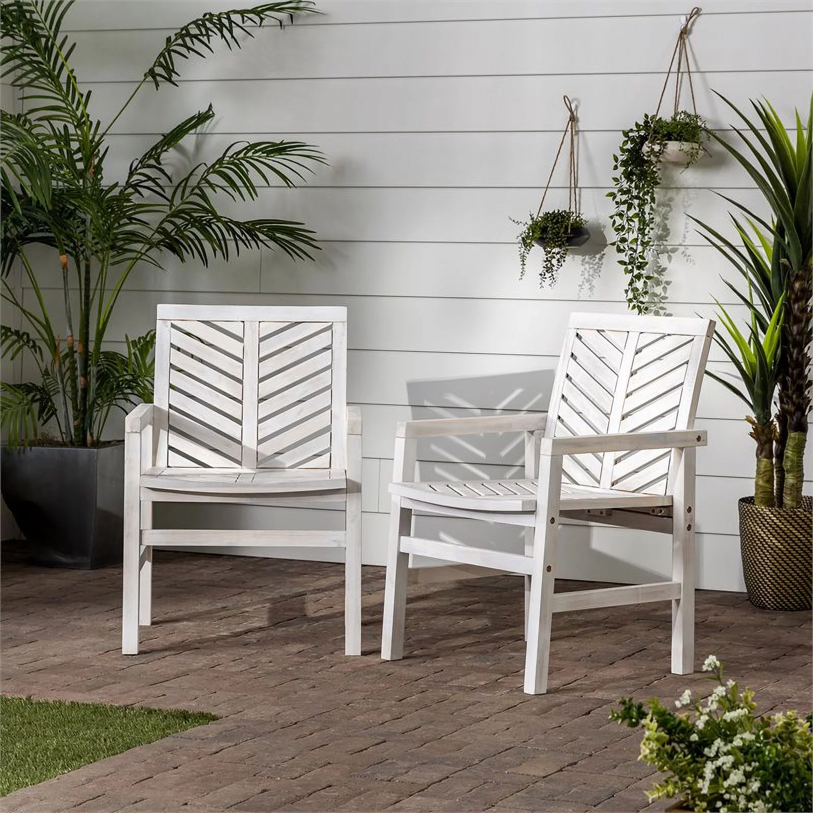 Walker Edison Vincent Solid Wood Patio Chair in White Wash (Set of 2)