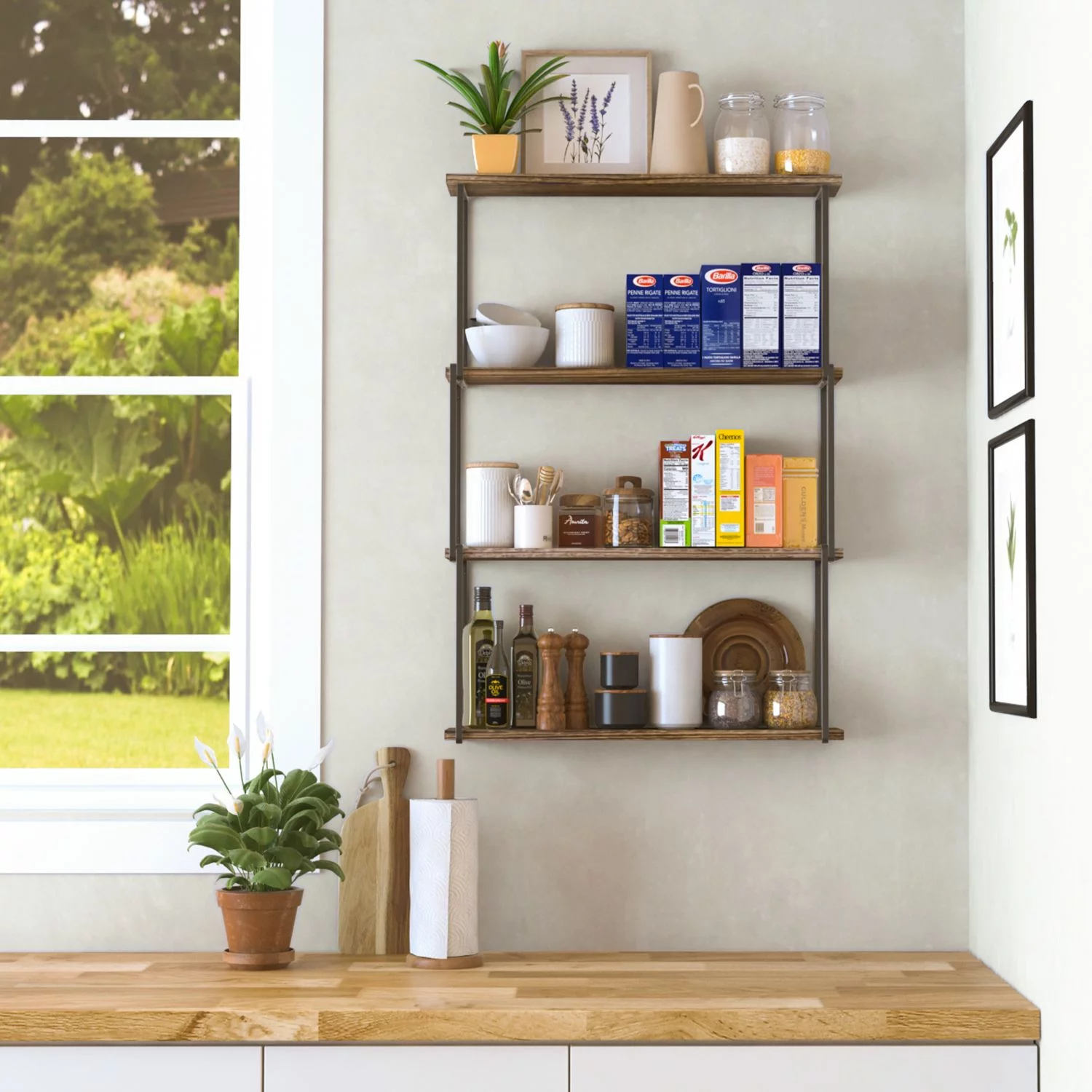 Wallniture Porto 4-Tier Floating Shelves Wall Storage for Kitchen Rustic Farmhouse Wood Bookcases Laundry Organizer, Natural Burned