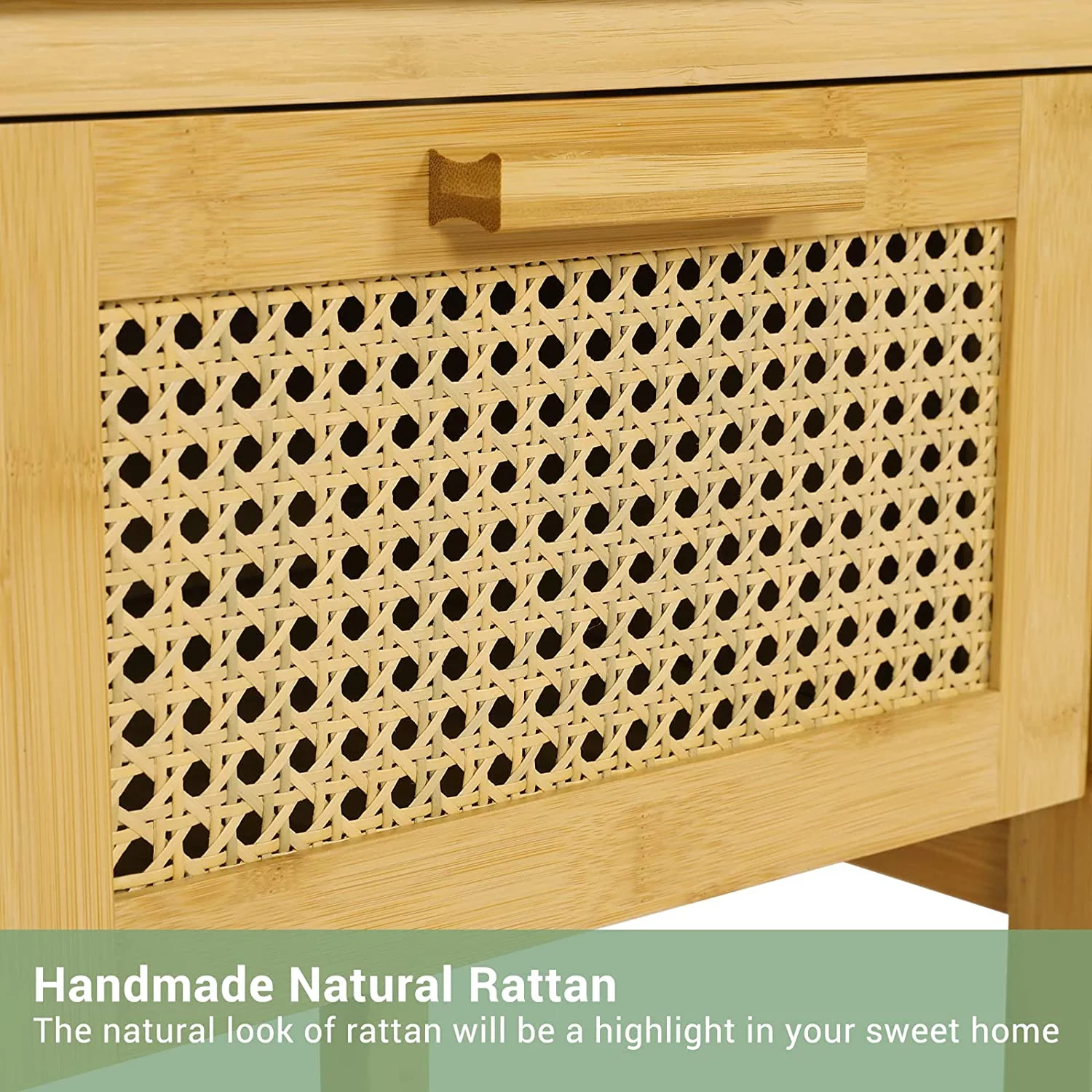 EPHEX Nightstands, Rattan Nightstands with Charging Station and Drawer, Solid Wood Bedside Tables with Open Shelf, Bamboo