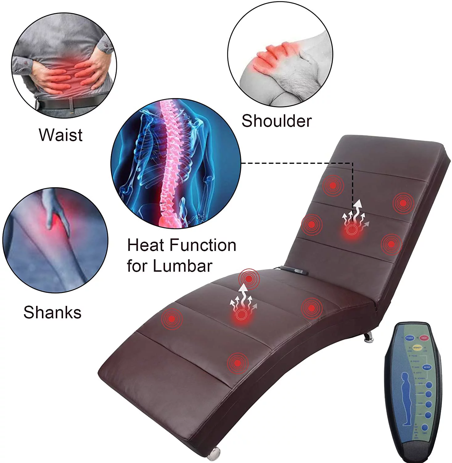 Massage Chaise Lounge - PU Leather Ergonomic Electric Vibrating Recliner Chair with Heating, Side Pocket,Brown