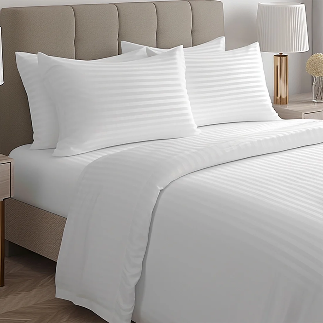 Full Size Sheets Set White Bedding Silky Soft Breathable Durable Stripe Bed Fitted Sheet with 16