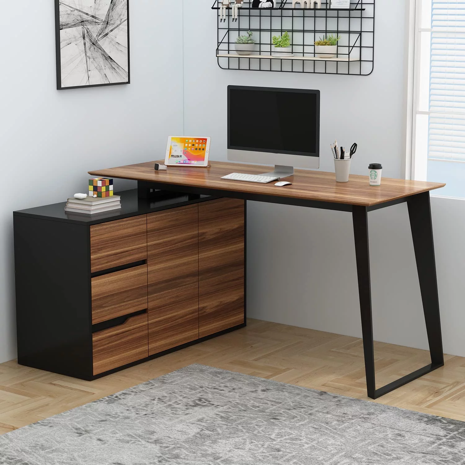 Home Office Computer Desk Corner Desk with 3 Drawers, 2 Shelves & 2 Doors, 55 Inch Large L-Shaped Study Writing Table with Storage Cabinet, Black & Brown (54.3”L x 40.9”W x 29.1”H)