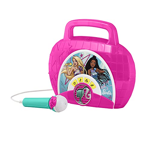 eKids Barbie Sing Along Boom Box Speaker with Microphone for Fans of Barbie Toys, Kids Karaoke Machine with Built in Music and Flashing Lights
