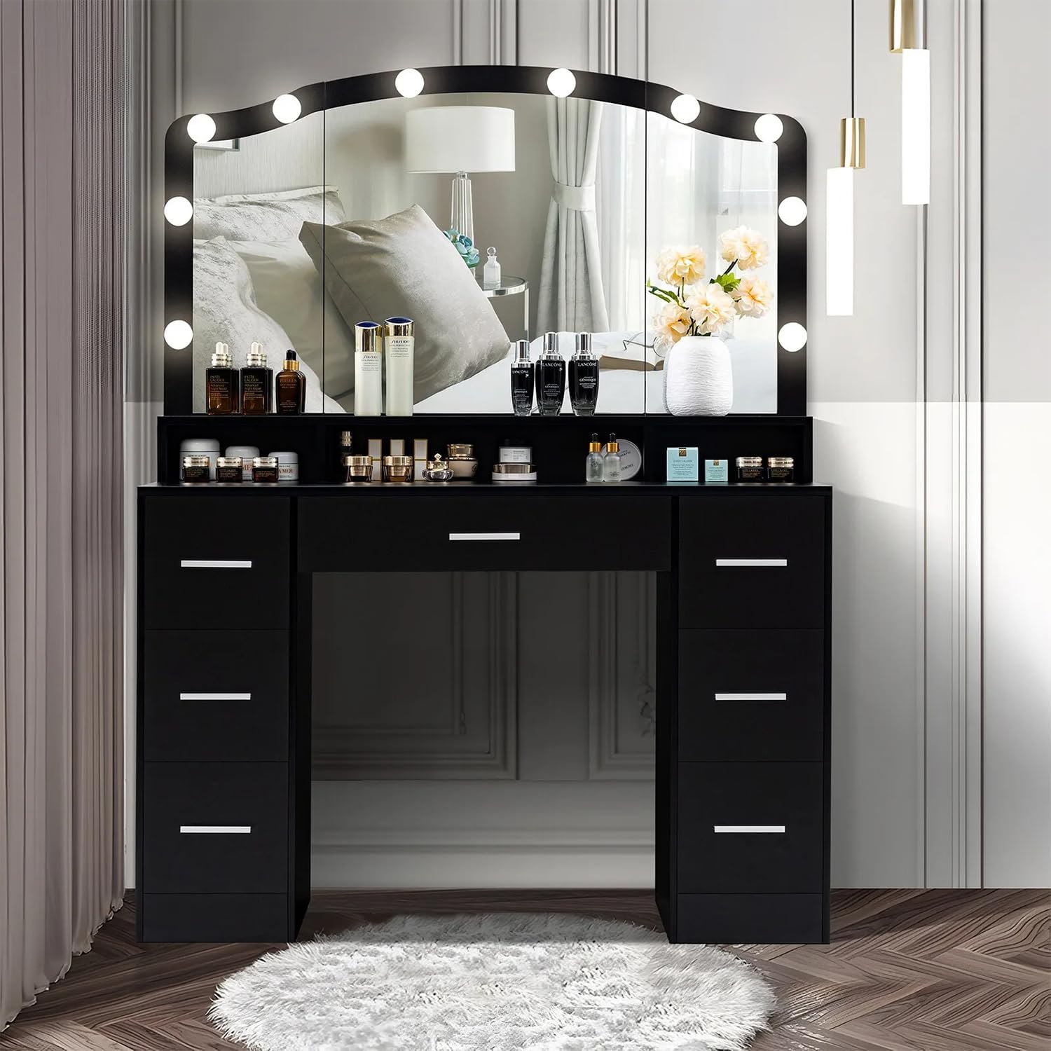 Modern 43.3 inches Black Vanity Desk with Large Lighted Mirror Makeup Vanity Table LED Lights 7 Drawers Storage Shelf Shelves Dressing Drawer Dresser Bedroom Home Wood New