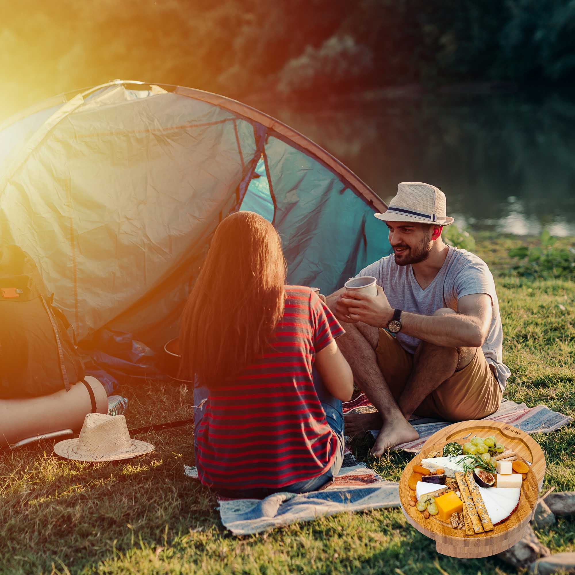 BlauKe® Bamboo Cheese Board and Knife Set – 10 inch Round Charcuterie Board, Serving Tray, Platter, Wood Cheese Board Set – Gift Idea