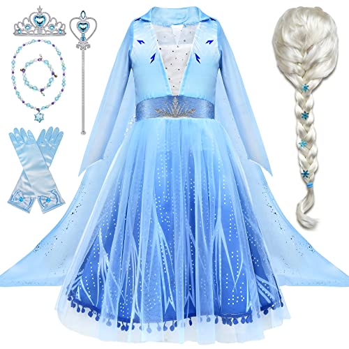 Tacobear 10Pcs Princess Costume Dress For Girls Kids Toddler Snow Princess Dress Up Clothes for Little Girls with Accessories Gloves Crown Wands Wig Necklace for 8-9Y Kids Christmas Birthday Party
