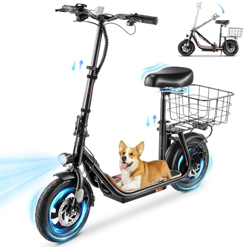 Caroma Peak 800W/1200W Electric Scooter Adults, 30 Miles Max Range, Foldable Electric Scooter with Seat, Front Suspension, Detachable Large Basket,Commuter E-Scooter for Adult and Teens