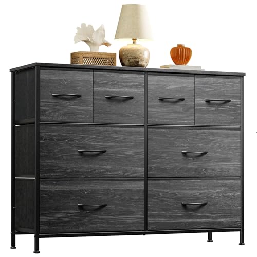 WLIVE Led Dresser for Bedroom, TV Stand for Bedroom with LED Lights and Power Outlet, Wide Chest of Drawers for Hallway, 8 Fabric Drawers for Living Room and Entryway, Charcoal Black Wood Grain Print