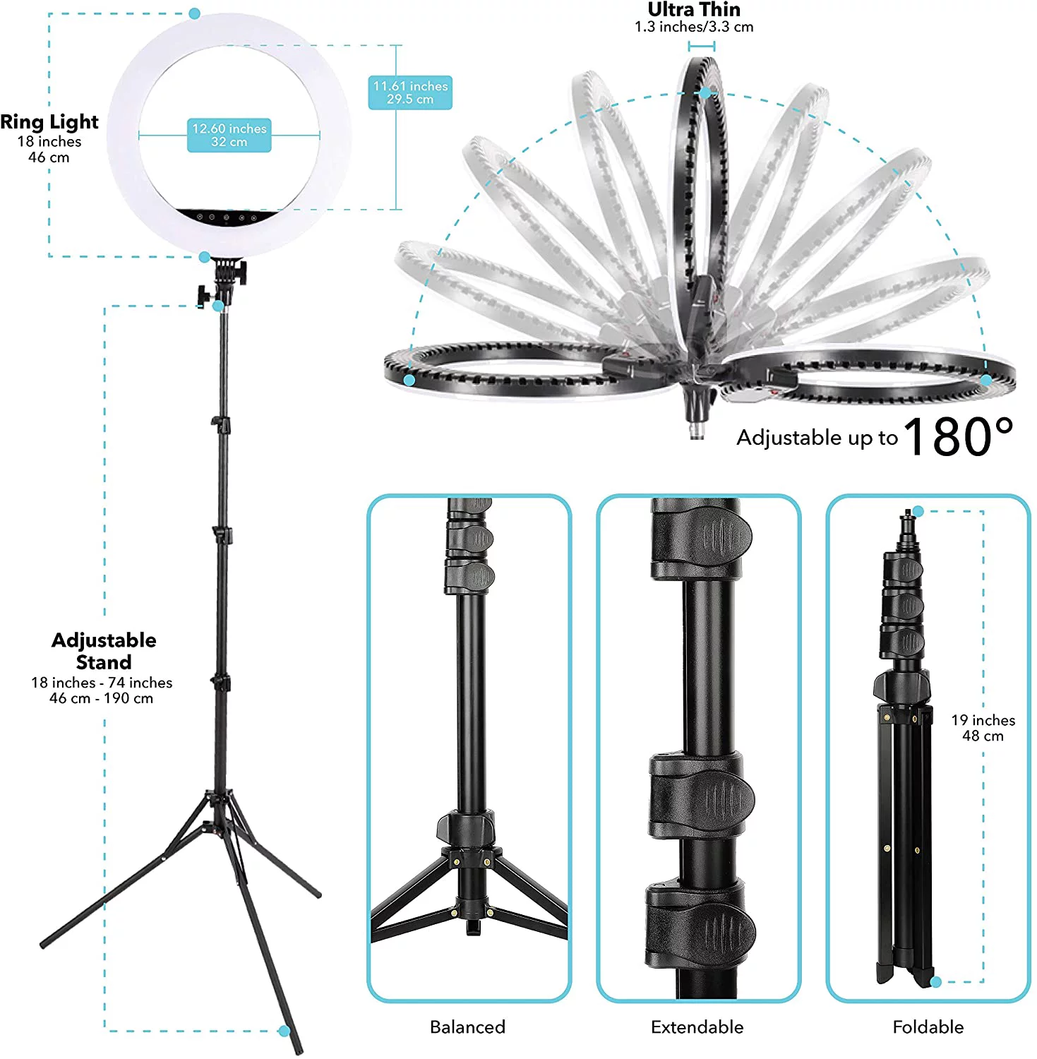 Foto&Tech 18 inch Ring Light Dimmable Tricolor LED Selfie Ring Light with Stand & Wireless Remote for Camera Smartphone Live Streaming Portrait Video Recording Make Up Vlog Photography Lighting Ring