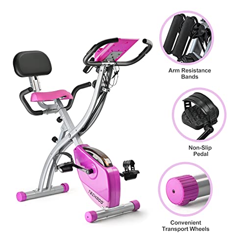 Folding Exercise Bike Portable Upright Adjustable Backrest Cycling Recumbent Stationary Bike Slim Indoor Workout Fitness Cardio Foldable Exercise Bicycle Machine with Pulse Sensor LCD Monitor Arm Resistance Bands