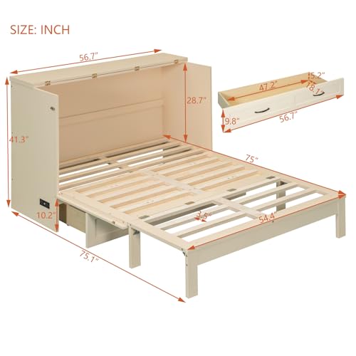 Full Size Murphy Bed Cabinet, Solid Wood Murphy Bed with Charging Station and Large Storage Drawer, Wall Mounted Foldable Platform Bed, Space Saving for Guest Room, Office, Gray