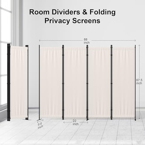 Room Divider 4 Panel Partition Room Dividers & Folding Privacy Screens w/ 3 Metal Feet 6FT Portable Wall Doubles as a Dressing Screen Portable Wall for Office Kitchen Children's Room,Black