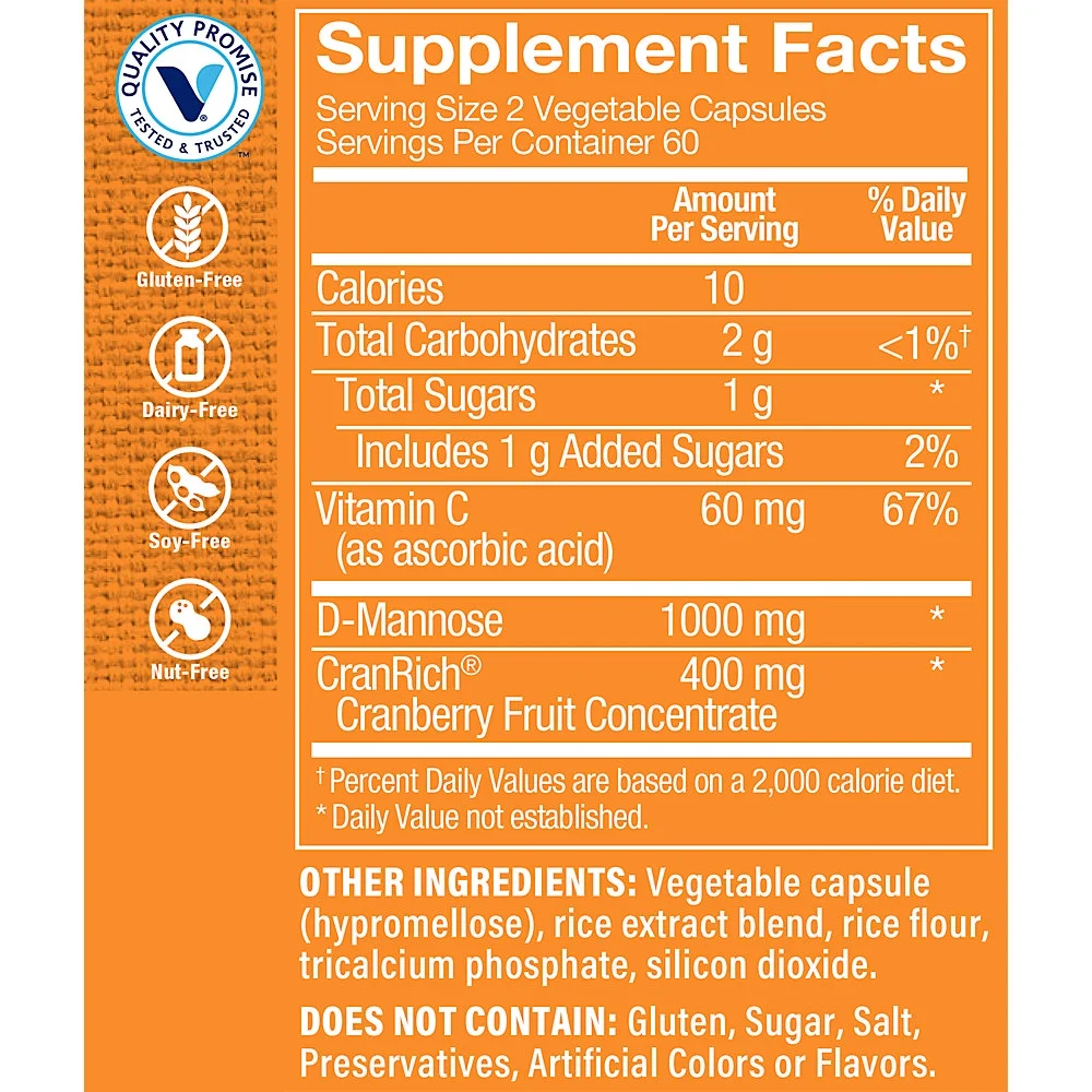 Cranberry with D-Mannose - Antioxidant Support for Urinary Tract Health (120 Vegetarian Capsules)