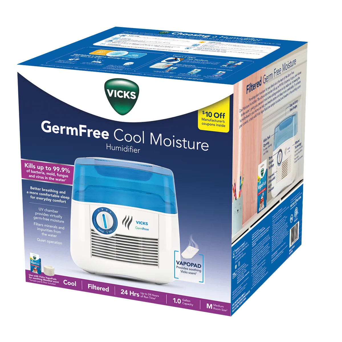 Vicks 1 gal 400 sq ft Cool Moisture Humidifier with UV Technology, V3900, Blue/White