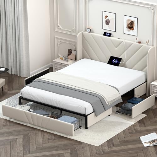 LUCKLIFE Upholstered Platform Bed Frame with USB and Type-C Ports, V-Shape Wingback Headboard, Side Drawers and Oversize Footboard Storage, No Box Spring Needed, Queen Size Modern Base,White