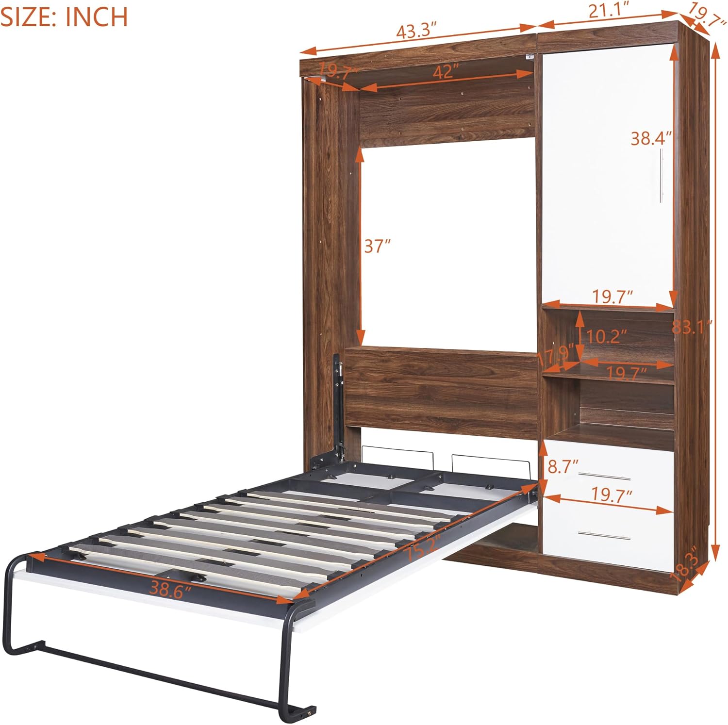 Twin Size Murphy Bed Wall Bed with Cabinet,White