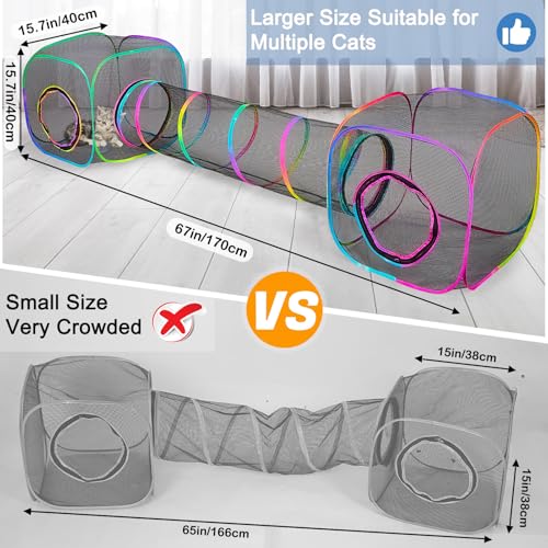 Outdoor Cat Enclosures Portable Cats Tunnel with Carry Bag Breathable Kitty Tent Outdoor with 2 Mouse Toys Outside Cat Enclosure for Indoor Cats (2 Cubes + Run Tunnel)