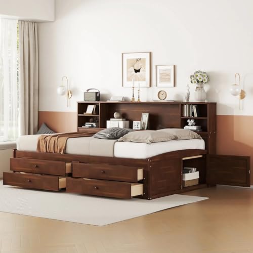 SOFTSEA Full Size Captain Bed with Storage Bookcase & Drawers, Wood Daybed with Storage Headboard, 4 Drawers and 2 Cabinets, Full Captains Bed Frame for Kids Teens Adults, Antique Brown