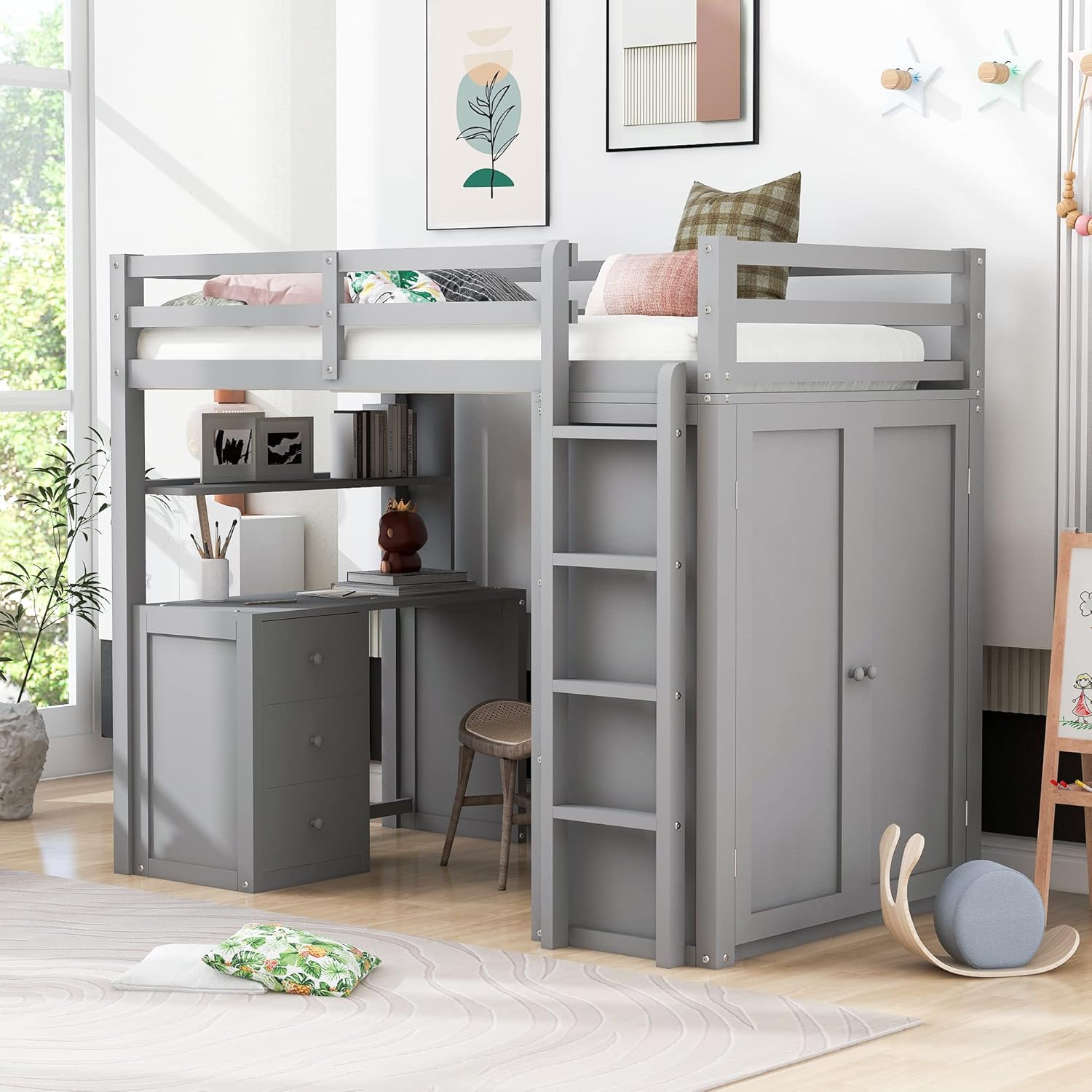 Gray Twin Loft Bed with Desk, 3 Drawers, and Wardrobe - Multi-Functional Wooden Twin Loft Bed Frame for Kids, Teens, Adults. Maximize Space and Storage in Your Bedroom.