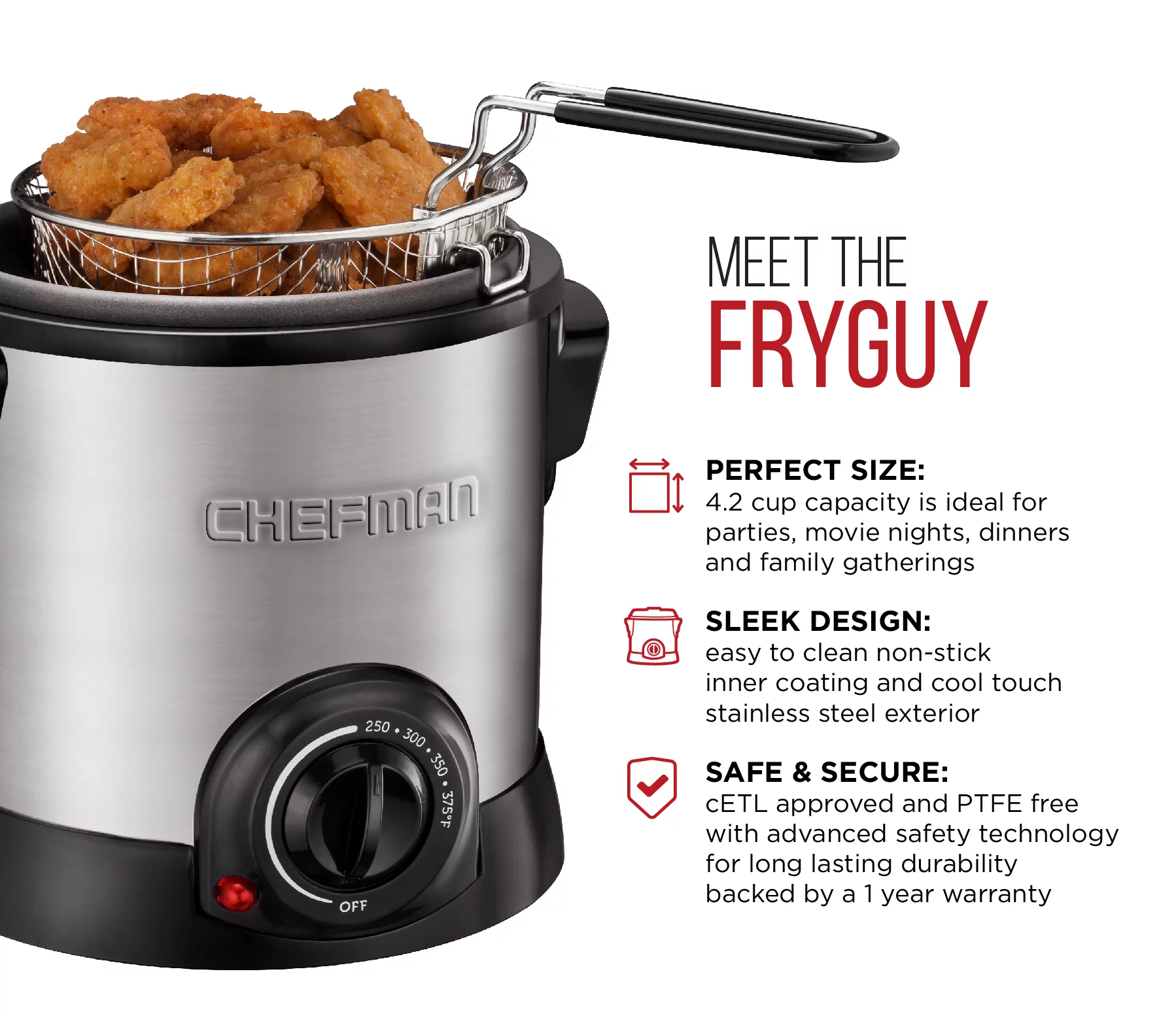 Chefman Fry Guy 1 Liter Deep Fryer w/ Adjustable Temperature Control - Stainless Steel, New