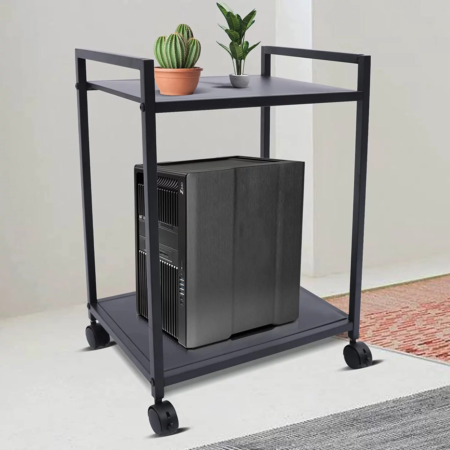 FETCOI Computer Tower Stand, 2-Tier Stand Stand with Lockable Wheels Under Desk for Office Home to Store Computer Hosts, Paper, Printers, Documents, Green Plants
