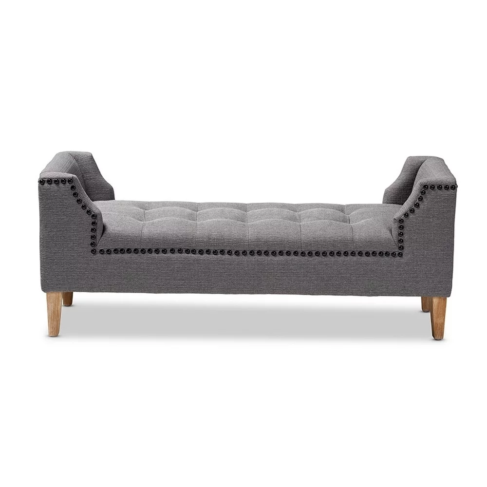 Perret Modern and Contemporary Gray Linen Fabric Upholstered Oak Brown Finished Wood Bench