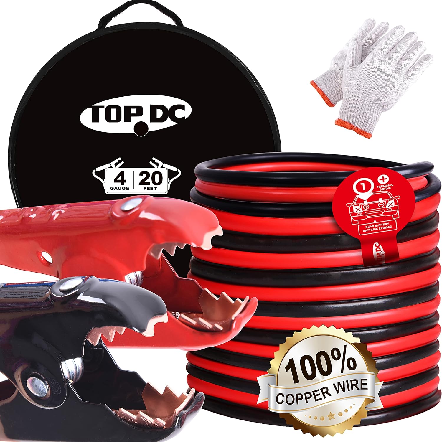TOPDC 100% Copper Jumper Cables 4 Gauge 20 Feet -40℉ to 167℉ Heavy Duty Booster Cables with Carry Bag and Safety Gloves (4AWG x 20Ft)