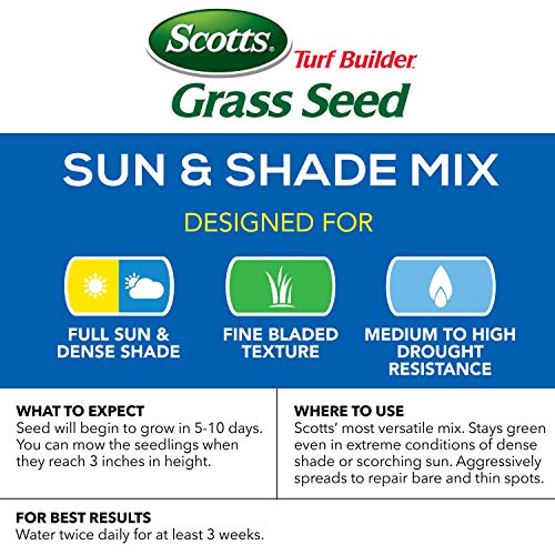 Scotts Turf Builder Grass Seed Sun & Shade Mix with Fertilizer and Soil Improver, Thrives in Many Conditions, 5.6 lbs.