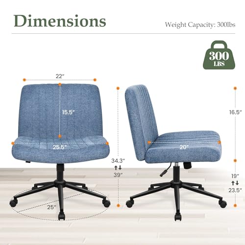 Orange Factory Criss Cross Chair with Wheels, Armless Cross Legged Office Desk Chair, Wide Comfy Vanity Rolling Swivel Modern Comfortable Fabric Computer Task Chairs for Home Office (Beige)