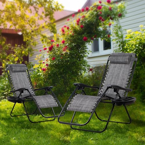 Nazhura Set of 2 Relaxing Recliners Patio Chairs Adjustable Steel Mesh Zero Gravity Lounge Chair Beach Chairs with Pillow and Cup Holder (Dark Green)