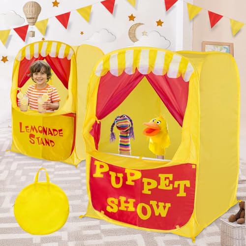 Alvantor Lemonade Stand Puppet Show Theater Pretend Playhouse Play Tent Kids on Stage Doorway Table Top Sets for Toddlers Curtain Fordable Rods Children Dramatic Furniture, 28
