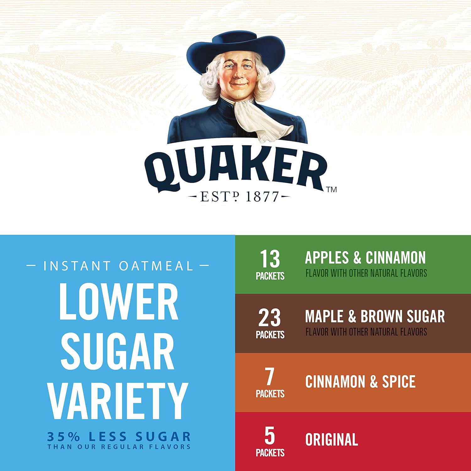 Quaker Instant Oatmeal, Lower Sugar, 4 Flavor Variety Pack, Individual Packets, 48 Count