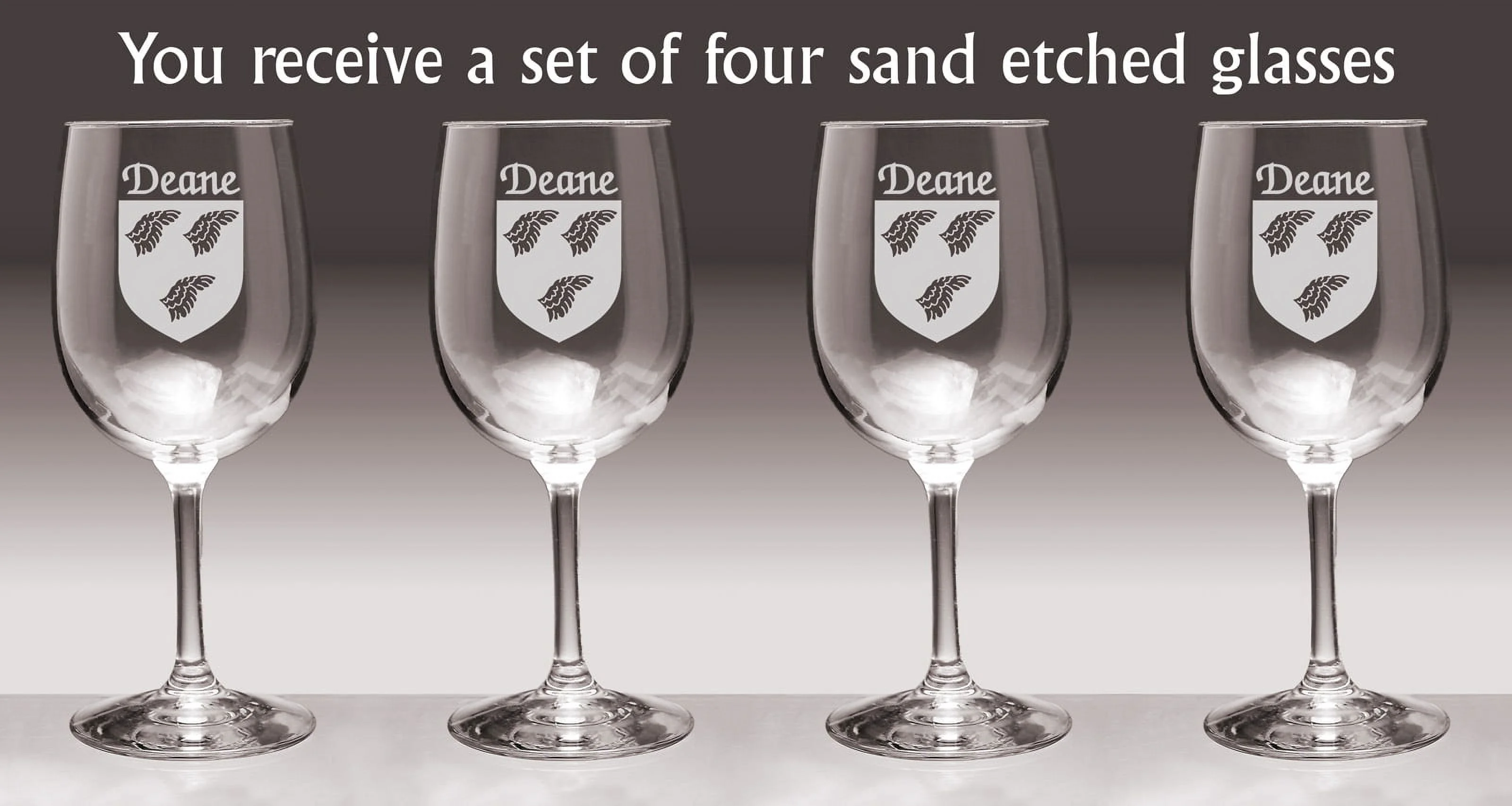 Deane Irish Coat of Arms Wine Glasses - Set of 4 (Sand Etched)