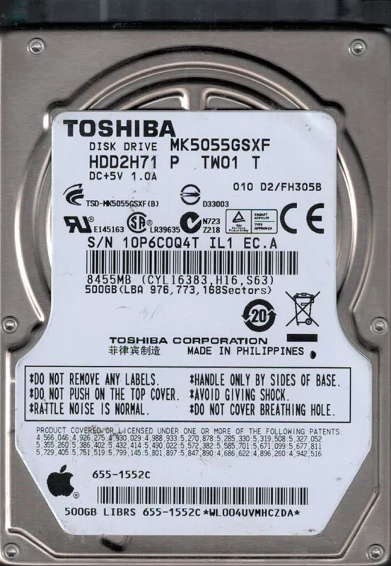 MK5055GSXF HDD2H71 P TW01 T F/W: D2/FH305B MAC 655-1552C Toshiba 500GB