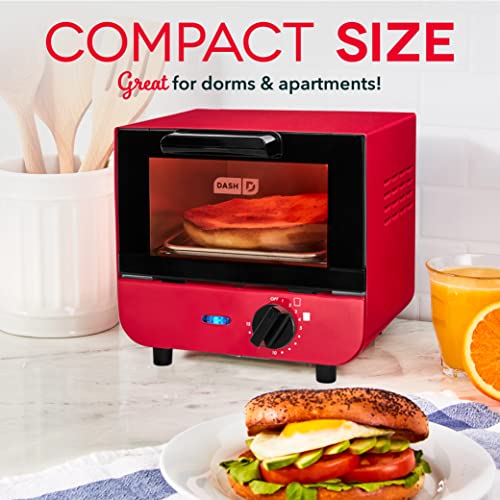 DASH Mini Toaster Oven Cooker for Bread, Bagels, Cookies, Pizza, Paninis & More with Baking Tray, Rack, Auto Shut Off Feature - Red
