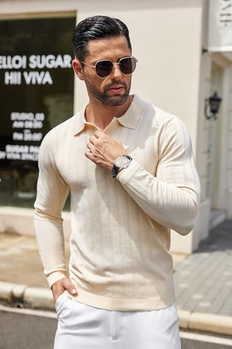 COOFANDY Men's Knit Polo Shirt Casual Long Sleeve Polo Sweater Dress Collar Polo Classic Golf Shirts