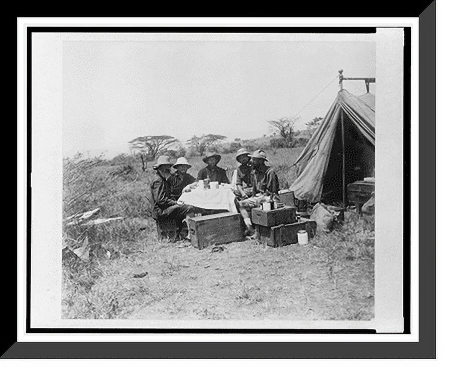 Historic Framed Print, [Edgar A. Mearns with Childs Frick and three men seated around makeshift table at campsite during Frick expedition to Abyssinia], 17-7/8