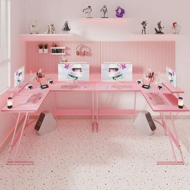 L Shaped Gaming Desk, 47 Inch Computer Corner Table with Large Monitor Stand & Carbon Fiber Surface for Home Office Study Writing Workstation, Pink