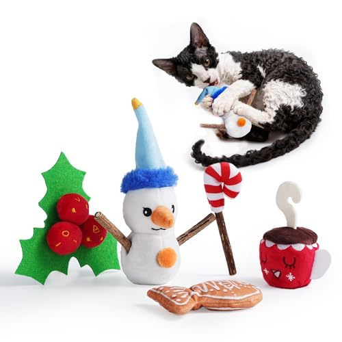 Christmas Cat Toys - 5PCS Catnip Toys for Cats Christmas Theme, Cat Chew Toy with Silvervine Sticks for Cats Health, Durable Fleece Material Snowman, Gingerbread, Cane, Coffee, Holly Berry