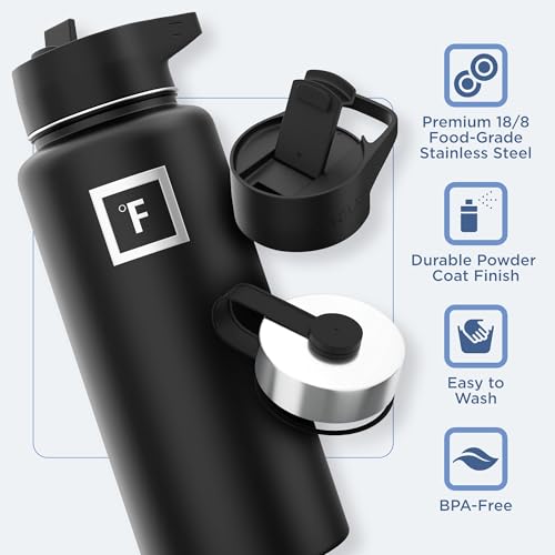 IRON °FLASK Camping & Hiking Hydration Flask with 3 Lids - Stainless Steel, Double Walled & Vacuum Insulated Water Bottle - Leak Proof & BPA Free 32 Oz