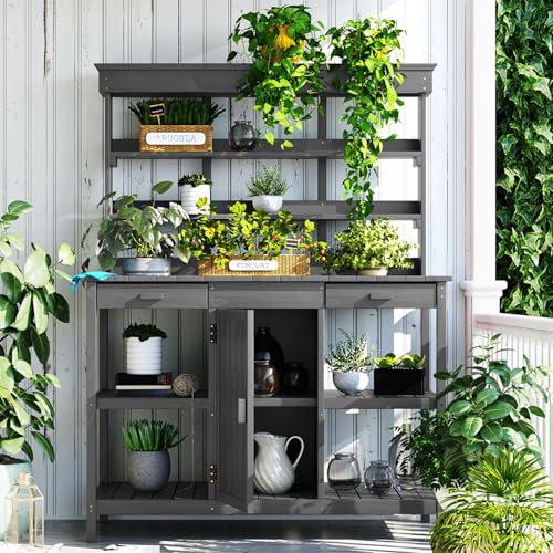 39” Outdoor Wooden Storage Cabinet with 2-Tier Shelves and Side Hook, Double Doors Potting Table for Garden Patio Backyard Lawn, Rustic (Grey, 39