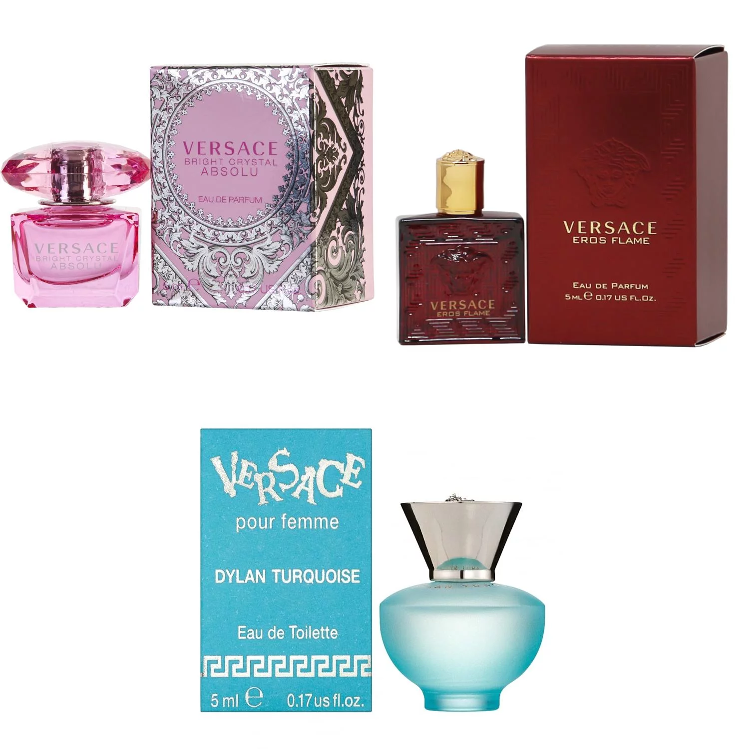 Versace Bright Crystal Absolu EDP, Eros Flame EDP, Dylan Turquoise Femme  - 5ml 3PK Kit