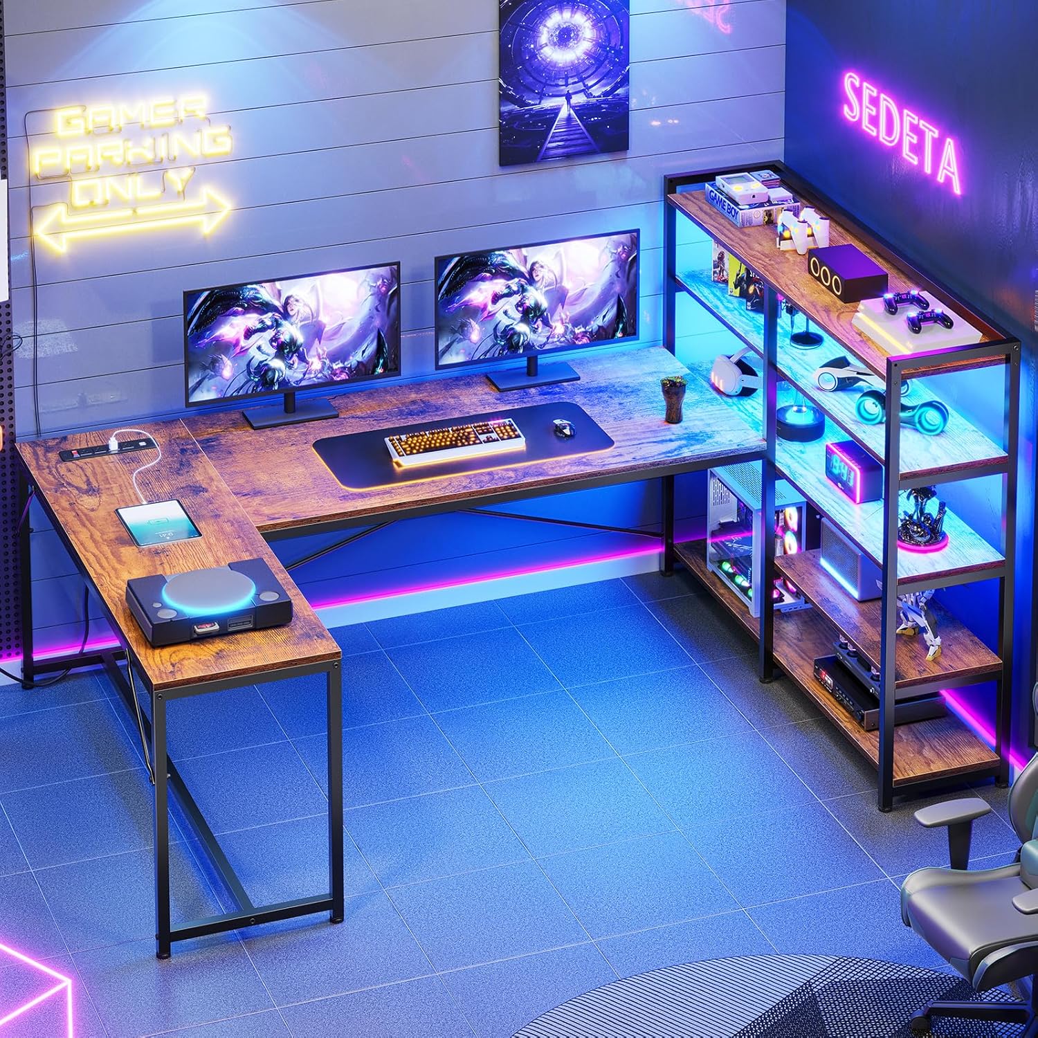 SEDETA L Shaped Computer Desk, 64.5'' Reversible U Shaped Office Desk with Storage Shelves & Power Outlet, L Shaped Gaming Desk with LED Light, Bookshelf for Home Office, Rustic Brown
