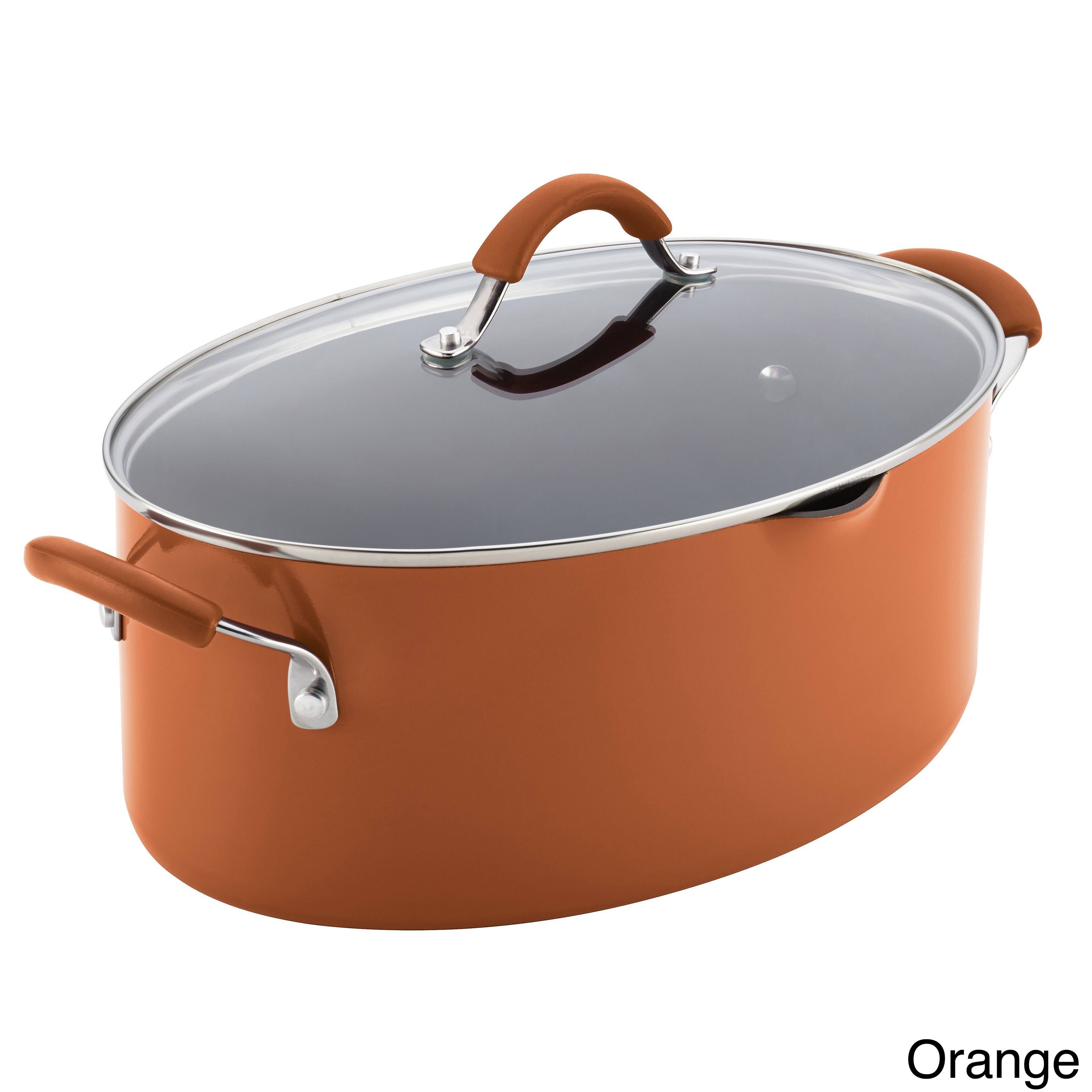 Rachael Ray Cucina Hard Enamel Nonstick 8-Quart Covered Oval Pasta Pot with Pour Spout, Agave Blue