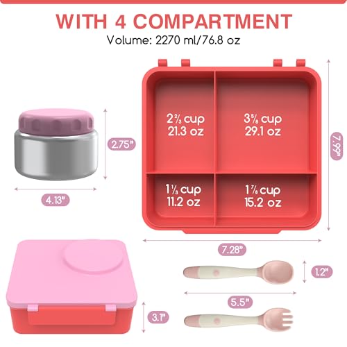 Bento Box for Kids - Leak-Proof Lunch Box with Insulated Thermos Food Jar - 4 Compartments, 1 Removable Divider, 1Spoon, 1 Fork - Dishwasher Safe, BPA-Free (Blue)