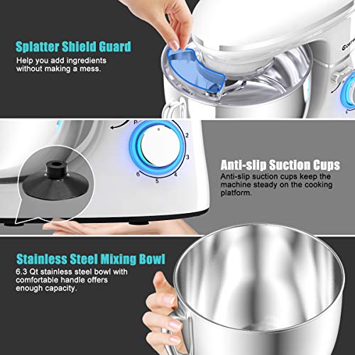 COSTWAY Stand Mixer, 660W Electric Kitchen Food Mixer with 6-Speed Control, 6.3-Quart Stainless Steel Bowl, Dough Hook, Beater, Whisk (Silver-update)