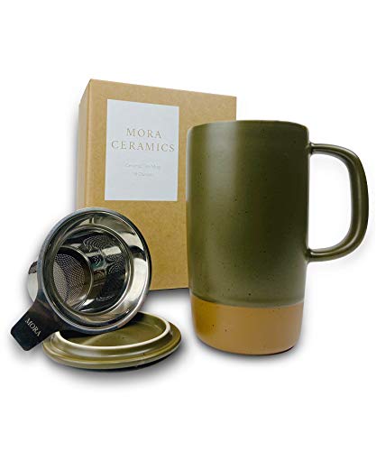Mora Ceramics Large Tea Mug with Loose Leaf Infuser and Ceramic Lid, 18 oz, Portable, Microwave and Dishwasher Safe, Tall Coffee Cup - Rustic Matte Ceramic Glaze, Modern Herbal Tea Strainer, Cotton