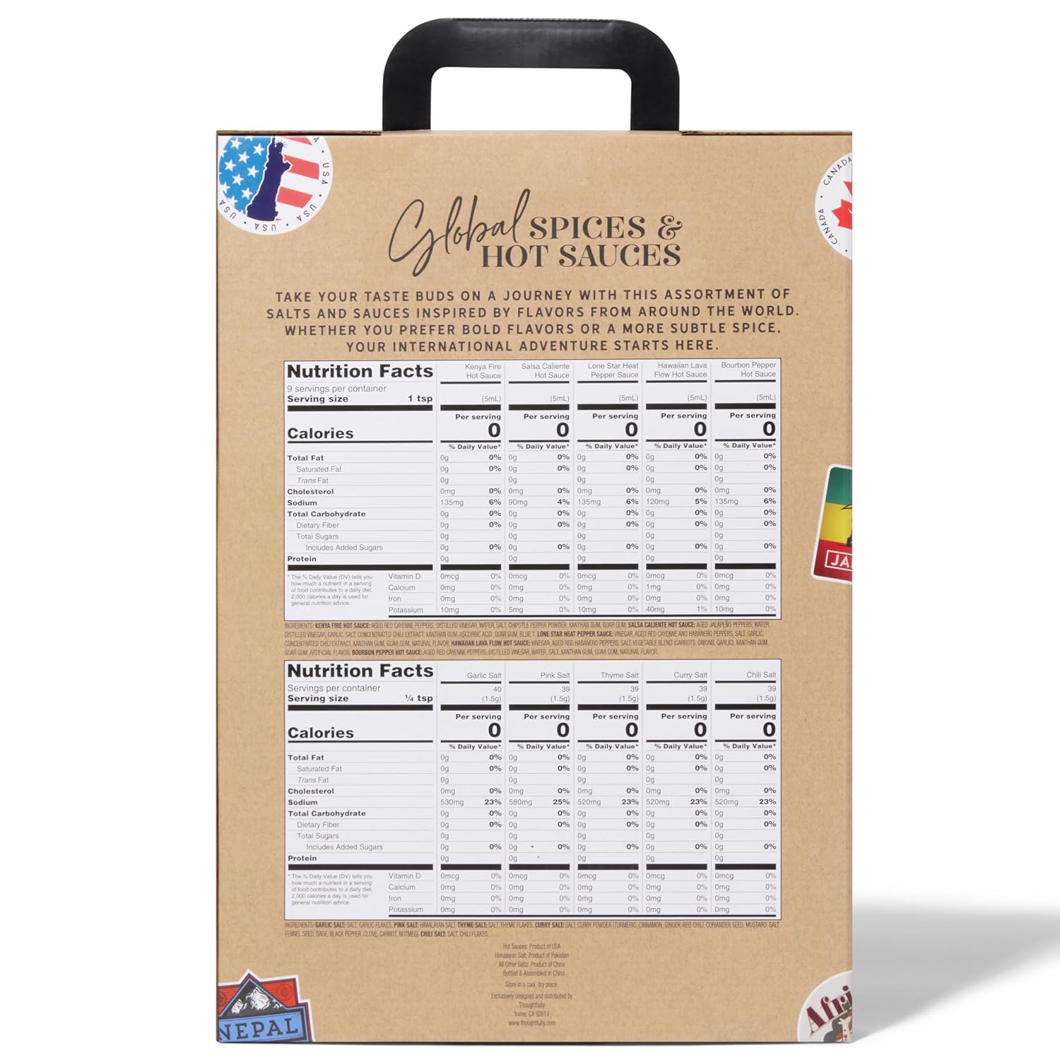 Thoughtfully Gourmet, Global Spice and Hot Sauce Collection Gift Set, Vegan and Vegetarian, 5 Sauces and 5 Salts in Suitcase Packaging, Set of 10