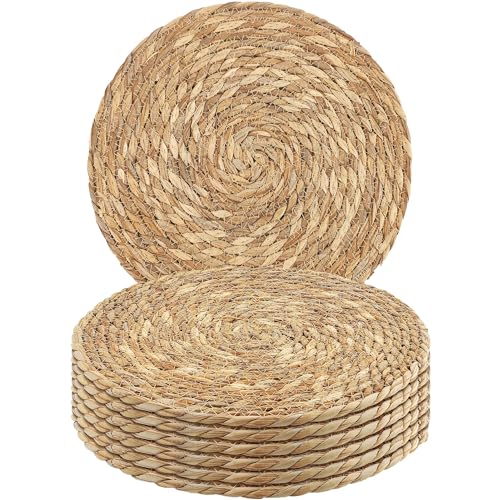 Set of 24 Round Woven Placemats 12 Inches Bulrush Placemats Natural Hand-Woven Boho Rattan Placemats Wicker Table Mats Farmhouse Weave Place Mats for Home Dining Table