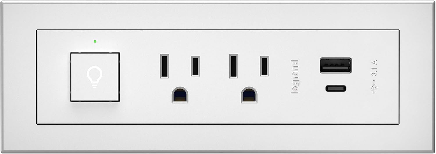 Legrand Wiremold RDSZCWH10 radiant Furniture Power Center with USB and Switch, Recessed Power Strip, 2 Outlets, Type A/C USB, 10 Foot Cord, White